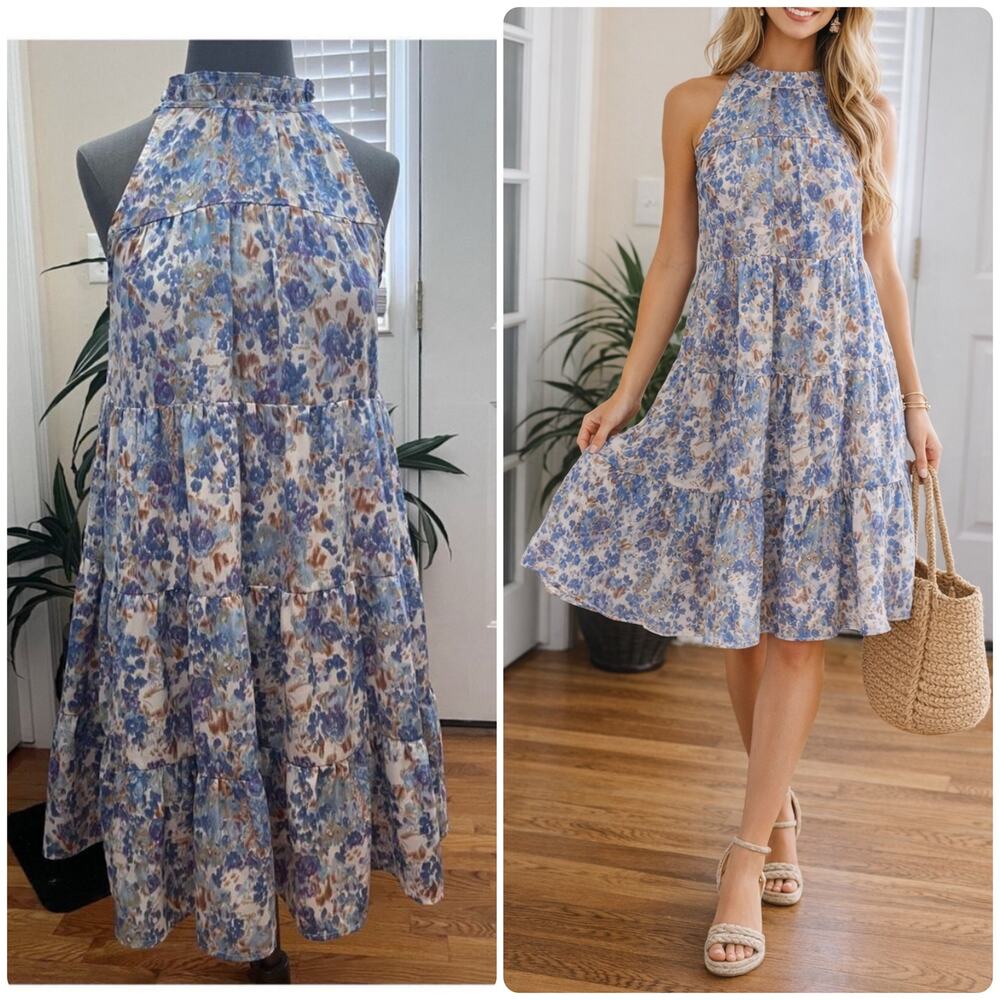 Hailey & Co Ikat Watercolor Print High Neck Sleeveless Tiered Dress Small